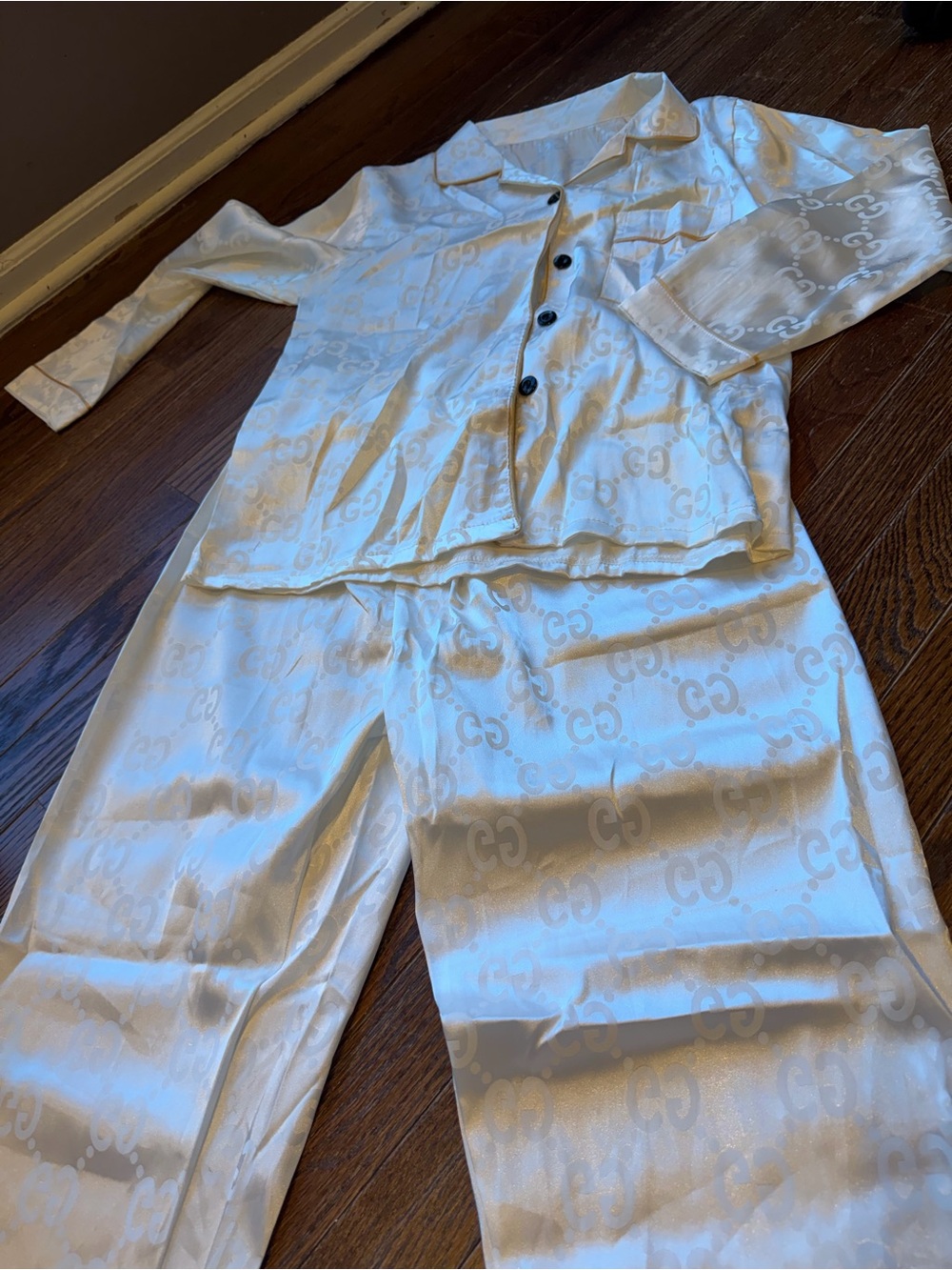 Zara White Satin Logo Jacquard Pajama Set